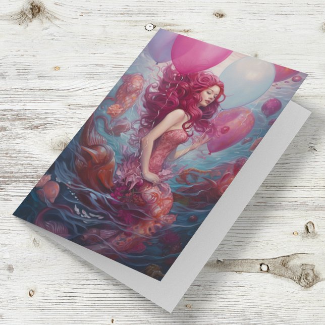 Carte Peinture de sirène Ballons d'anniversaire rose (Créateur téléchargé)