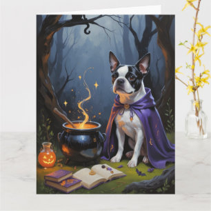 Carte Peinture d'Halloween de Boston Terrier Chien blanc