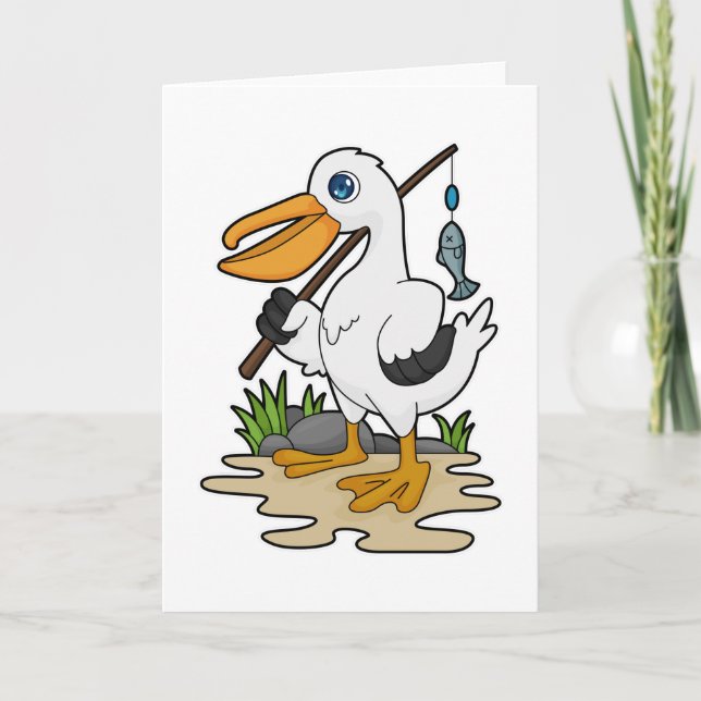 Carte Pélican comme pêcheur avec la baguette de pêche et (Devant)