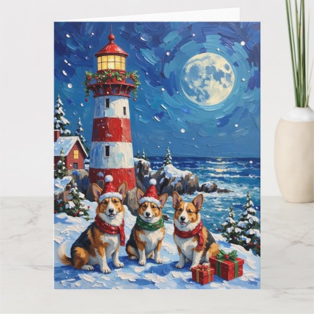 Carte Pembroke Welsh Corgi Christmas Lighthouse Holiday (Devant)