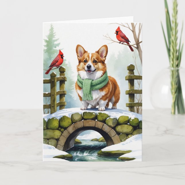 Carte Pembroke Welsh Corgi sur le pont neige hiver (Devant)