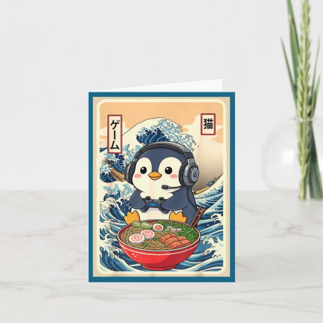 Carte Penguin Kawaii Japanese Ramen Noodle Retro Gaming  (Devant)