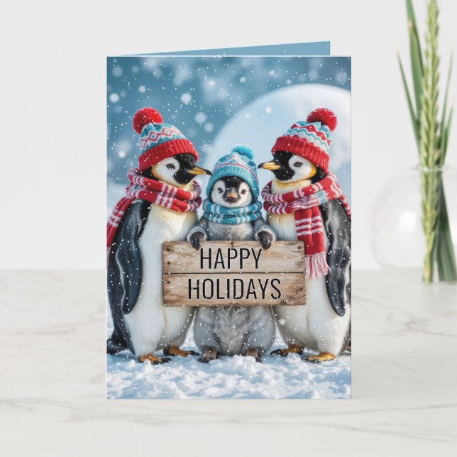 Carte Penguins de famille de Noël avec un panneau en boi (Devant)