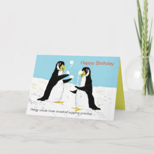 Carte Pengy Penguin snowball jonglage.Carte d'anniversai