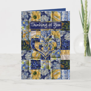 Carte Pensant à vous, le carré d'édredon, bleu jaune,