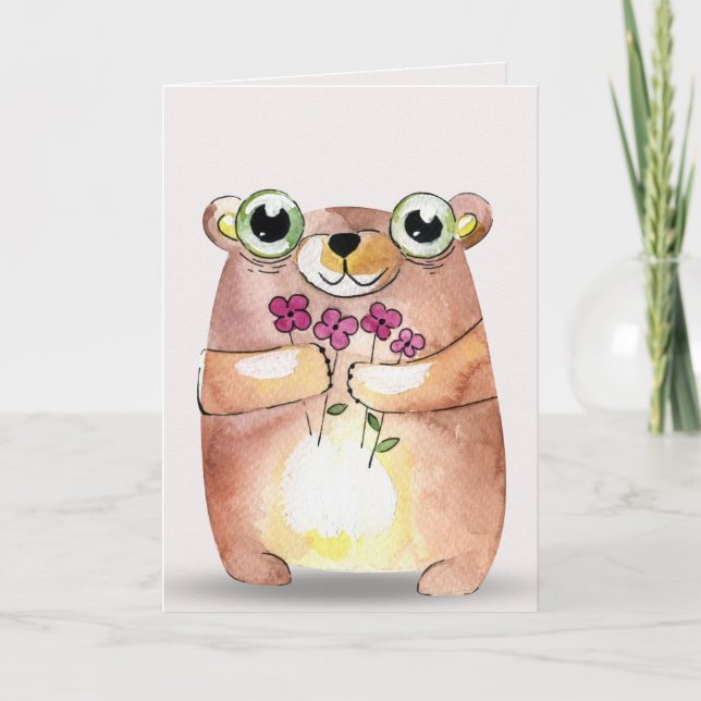 Carte pensée à l'ours de vous-aquarelle avec le bouquet (Devant)