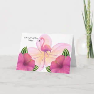 Carte Pensée de vous avec Flamant rose & Fleurs
