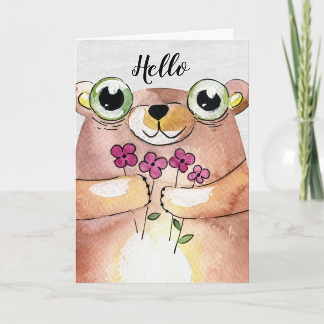Carte penser à un ours à l'aquarelle avec bouquet (Devant)