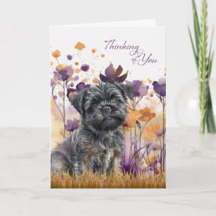 Carte Penser à vous Affenpinscher Chien Fleurs pourpres
