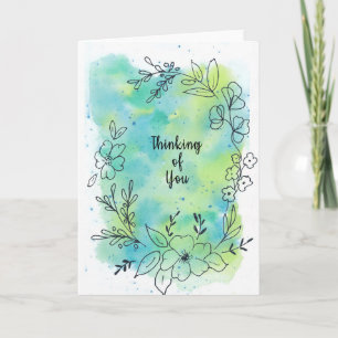 Carte Penser à vous bleu turquoise fleurs d'aquarelle bl