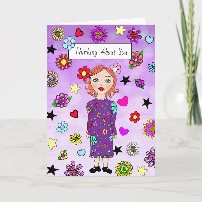 Carte Penser à vous Dame lunaire avec des fleurs (Devant)
