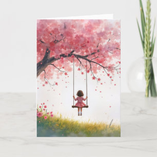 Carte Penser à vous fille sur la neige cerise arbre