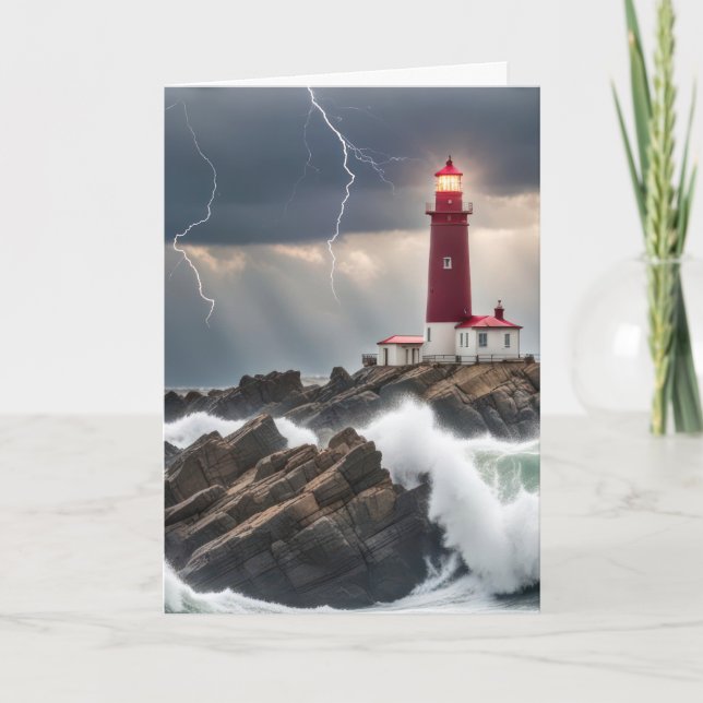 Carte Penser à vous phare dans une tempête (Devant)