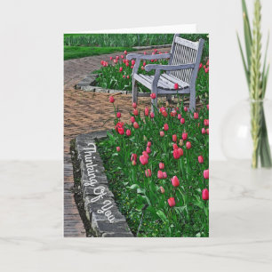 CARTE "PENSEZ À VOUS" / BENCH EN PARC AVEC TULIPS ROSE