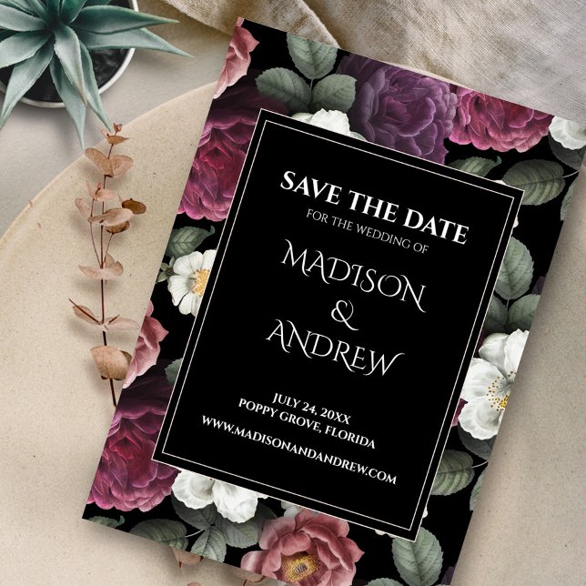 Carte Peonies de Bourgogne et Noir modernes Sauvez la da (Modern Black and Burgundy Peonies Save the Date on neutral plate)