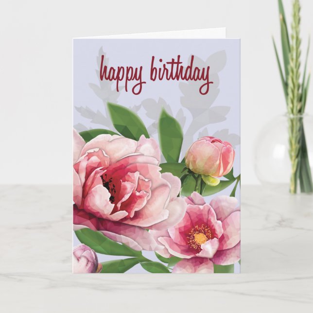 Carte Peonies LowPoly Anniversaire (Devant)