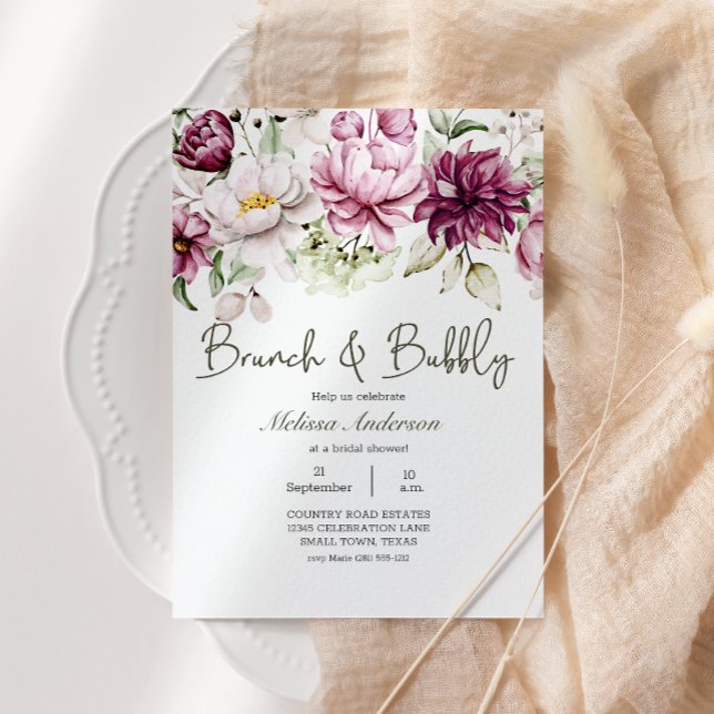 Carte Peonies rose Bourgogne Floral Brunch nuptial (Créateur téléchargé)