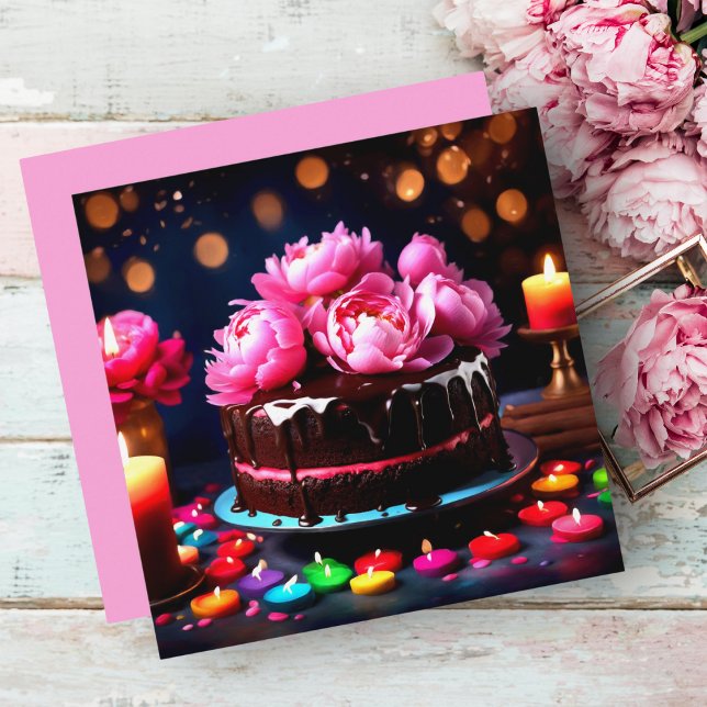 Carte Peonies roses Chocolat Anniversaire Personnalisé (A charming peony chocolate cake to celebrate someone's birthday or special occasion. )