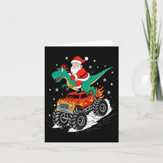 Carte Père Noël à cheval sur un camion monstre T Rex din (Devant)