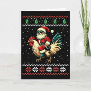 Carte Père Noël à cheval sur un poulet pull de Noël moch