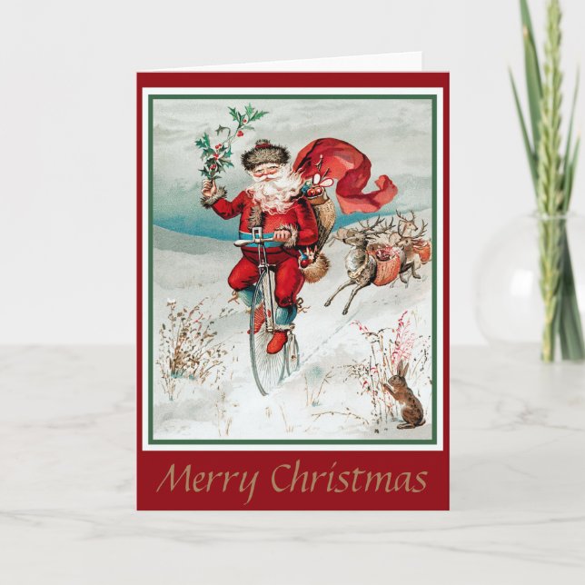 Carte Père Noël à vélo avec cerfs et lapins (Devant)