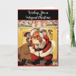 Carte Père Noël au coin de la cheminée avec des chiots V