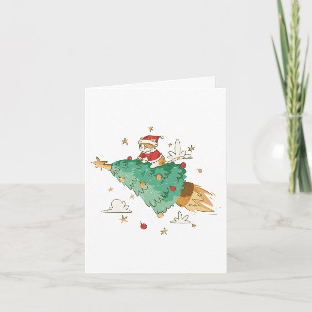 Carte Père Noël Cat vole sur un sapin de Noël (Devant)
