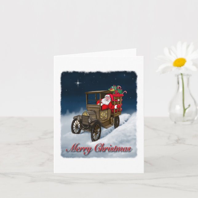 Carte Père Noël dans un vieux camion de livraison Joyeux (Petite plante)