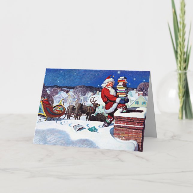 Carte Père Noël descendant la cheminée pour livrer des l (Devant)