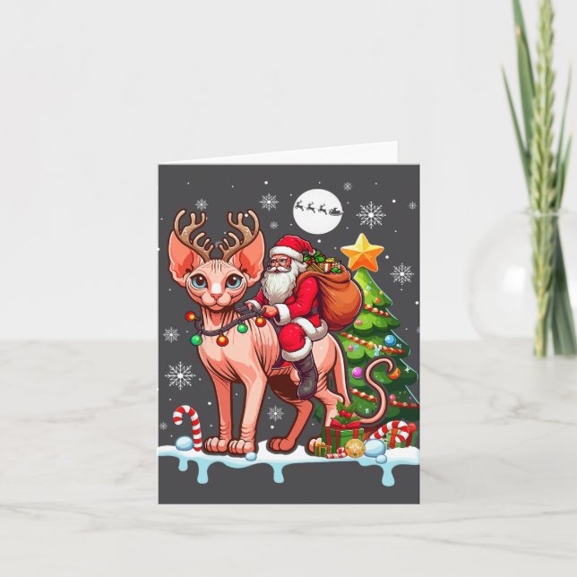 Carte Père Noël équitation renne Sphynx Chat Xmas arbre  (Devant)