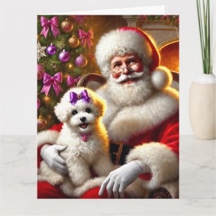 Carte Père Noël et Bichon Frisé Puppy avec pourpre Bow