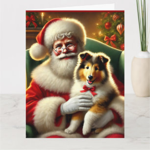 Carte Père Noël et Collie Puppy avec Red Bow