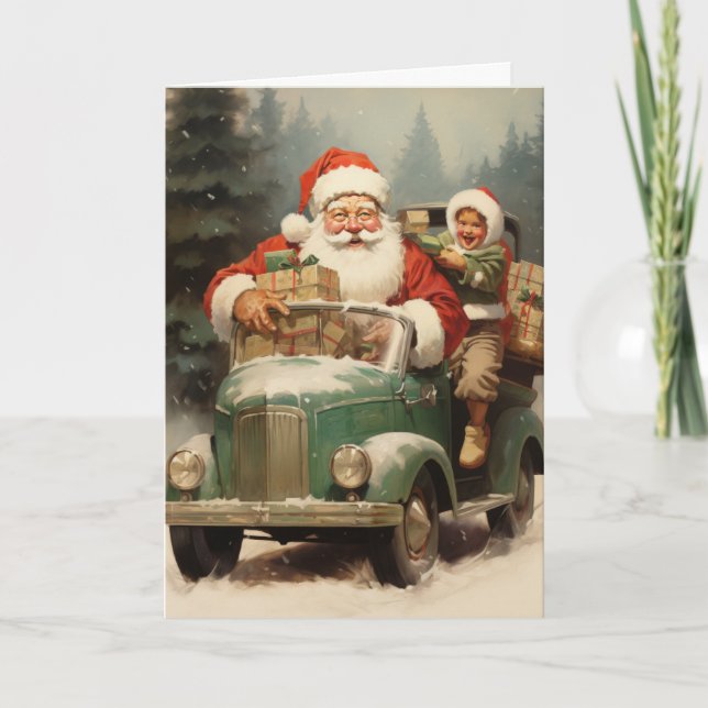 Carte Père Noël et enfant dans une petite voiture verte  (Devant)