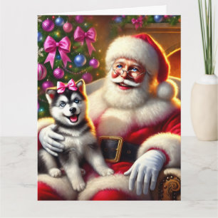 Carte Père Noël et Husky Puppy avec Bow rose