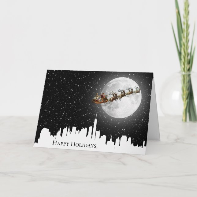 Carte Père Noël et Sleigh survolent la ville (Devant)