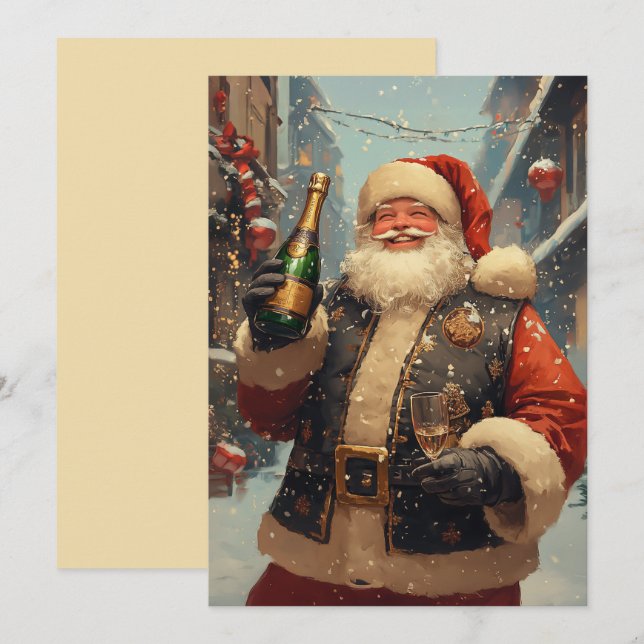 Carte Père Noël festif célébrant avec du Champagne (Devant / Derrière)