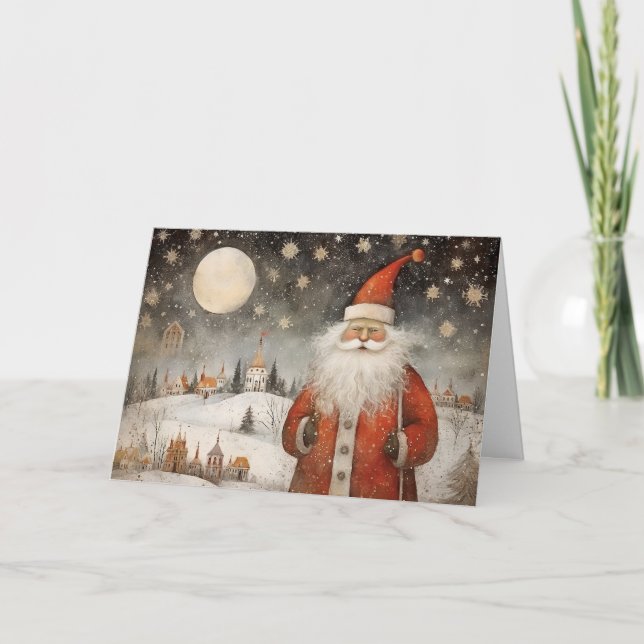 Carte Père Noël joyeux et fantaisiste dans un village en (Devant)