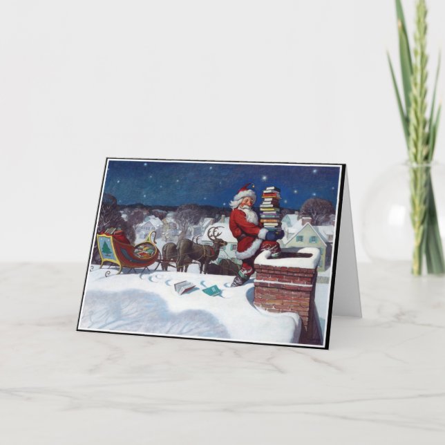Carte Père Noël livrant des livres à Noël (Devant)