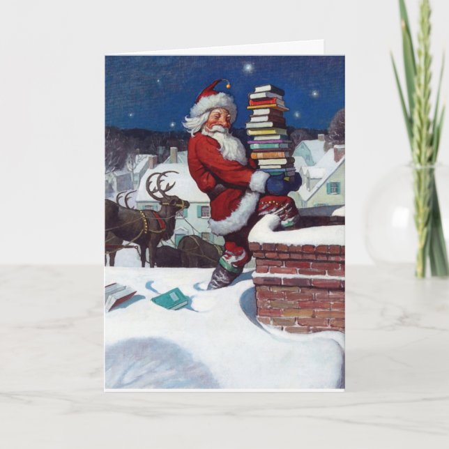 Carte Père Noël livrant des livres à Noël, (Devant)