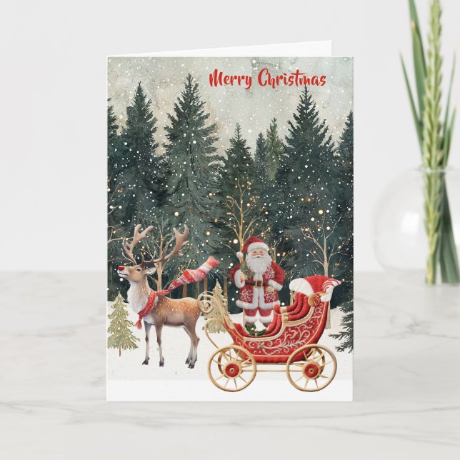 Carte Père Noël New Sleigh Faux Broderie Joyeux Noël (Devant)