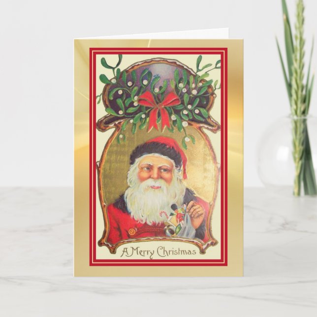 Carte Père Noël rétro avec Jouets Gold Vert Frontière Va (Devant)