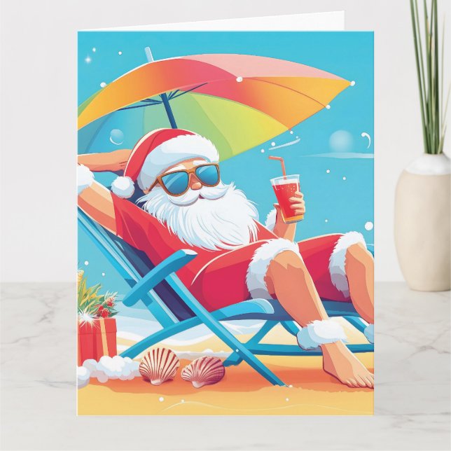 Carte Père Noël se détendant sur un transat de plage tro (Devant)