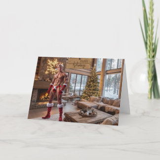Carte Père Noël sexy Joyeuses Fêtes Cabane rustique Noël