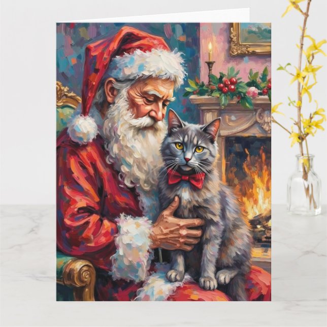 Carte Père Noël tenant un chat bleu russe - Art de Noël (Fleur jaune)