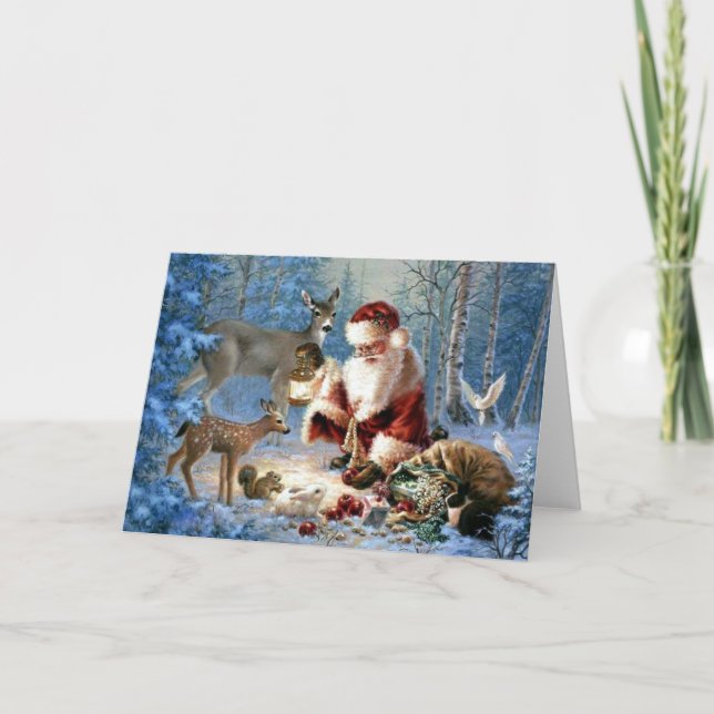 Carte Père Noël Vintage avec animaux (Devant)