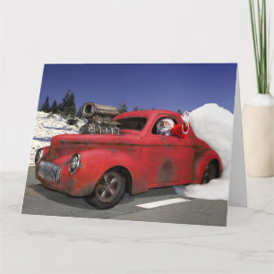 Carte père Noël Waving Driving Old 1941 Rusty Hotrod Cou