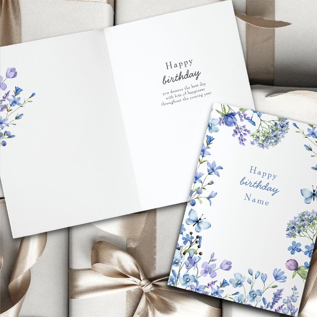 Carte Périwinkle Fleur sauvage délicieuse Floral Anniver (Feminine floral periwinkle wildflowers personalized birthday card)