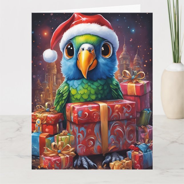 Carte Perroquet au milieu des cadeaux de noël (Devant)