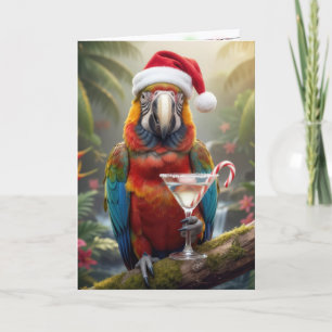 Carte Perroquet de Noël tenant un cocktail Martini