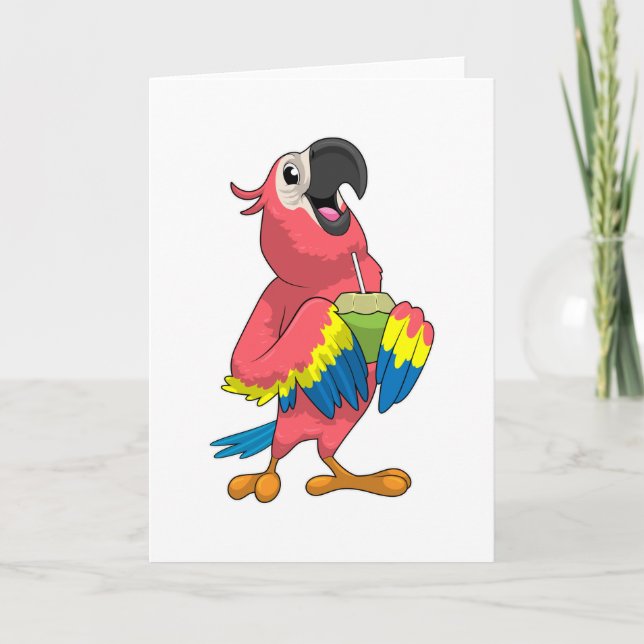 Carte Perroquet et noix de coco avec paille à boire (Devant)